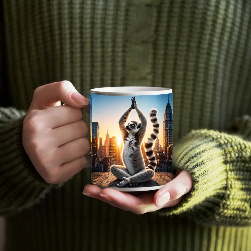 Ring Tailed Lemur Doing Yoga City Skyline – Mugs