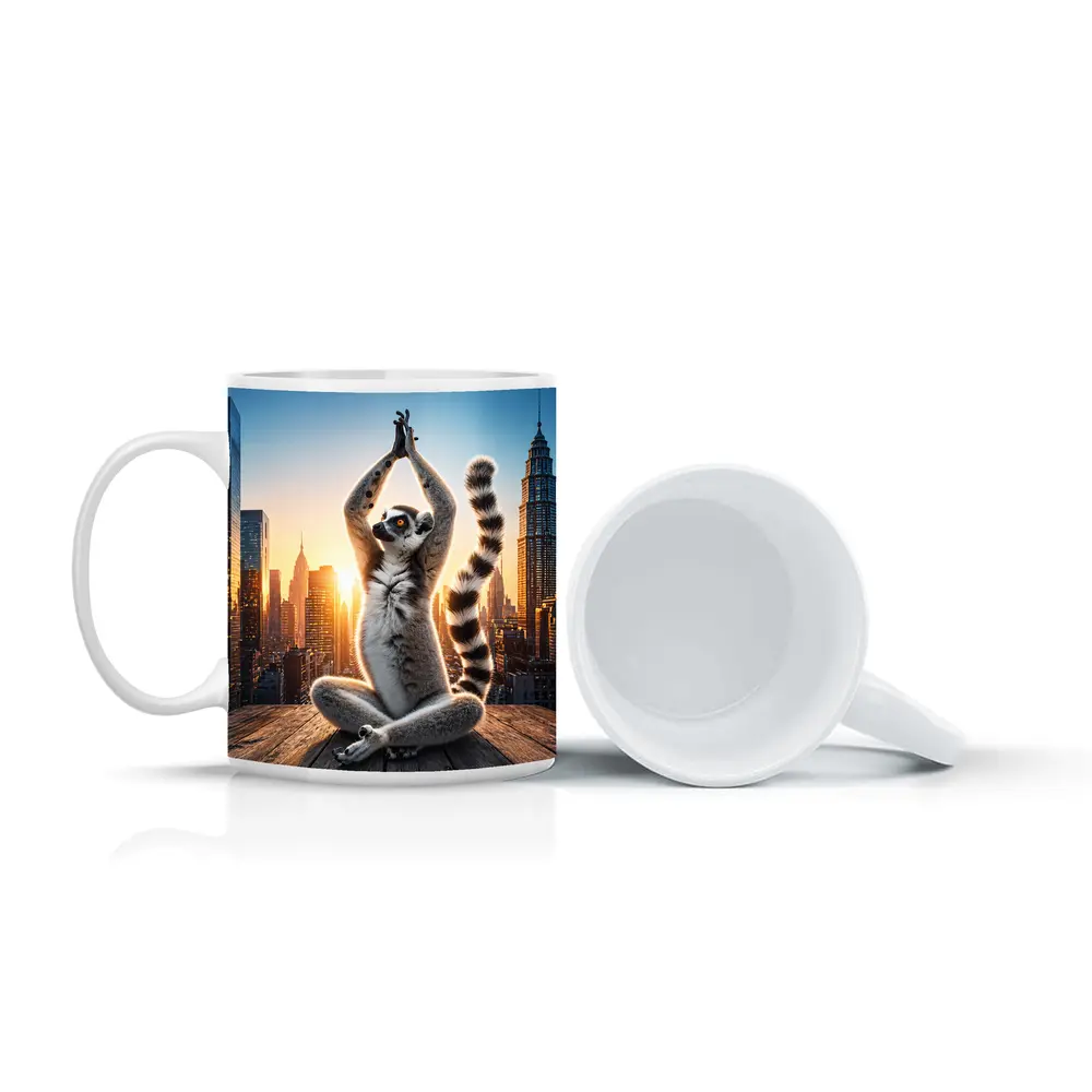 Ring Tailed Lemur Doing Yoga City Skyline – Mugs