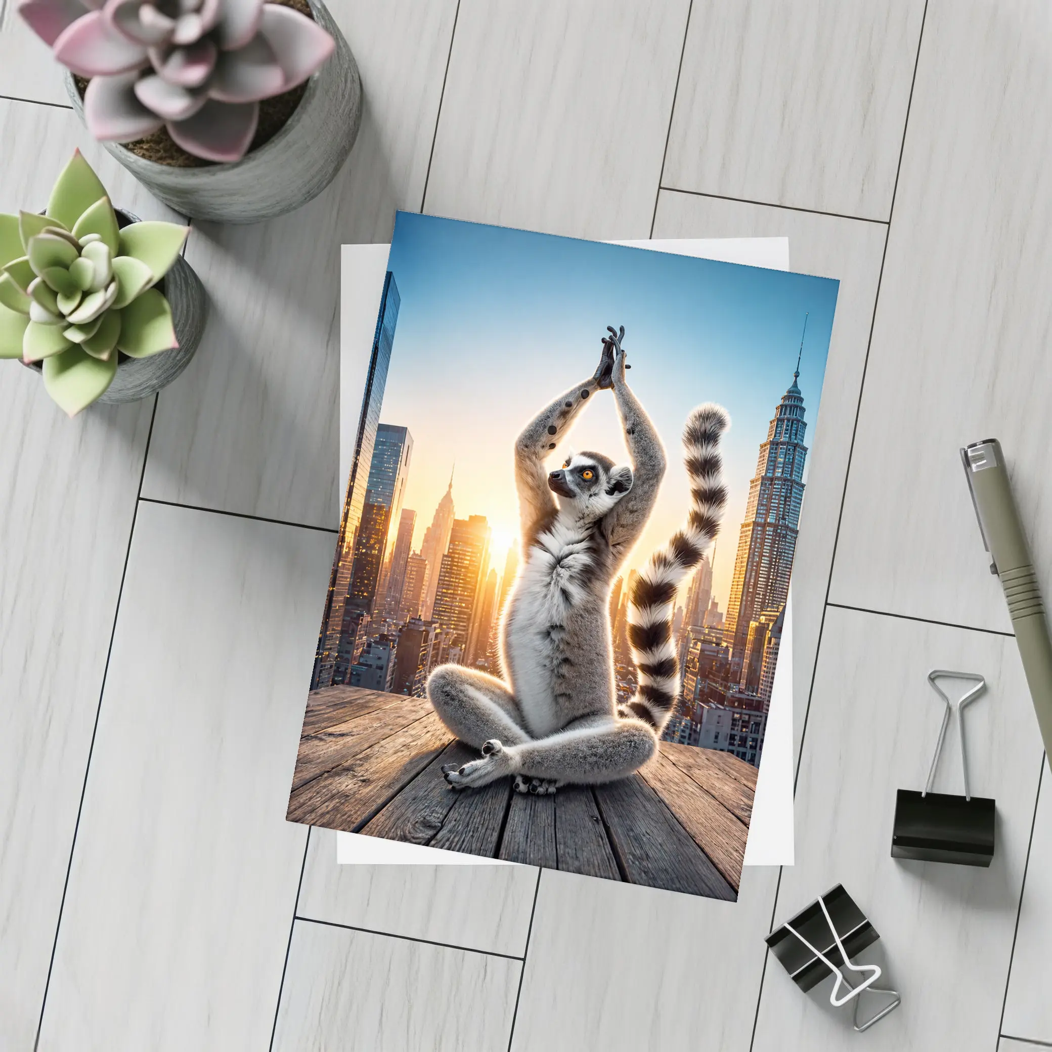 Ring Tailed Lemur Doing Yoga City Skyline – Postcards