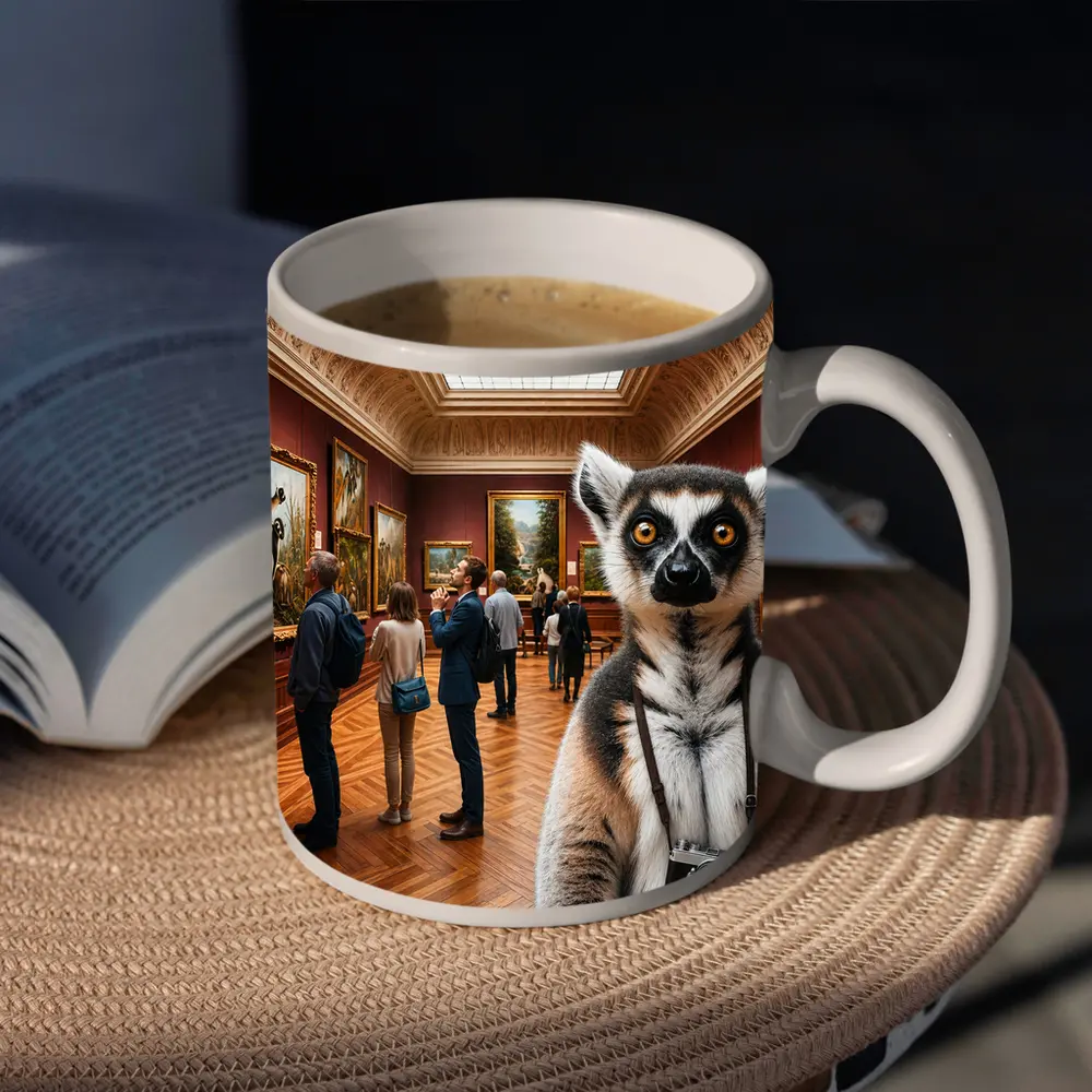 Ring Tailed Lemur Tourist Inside Art Museum – Mugs