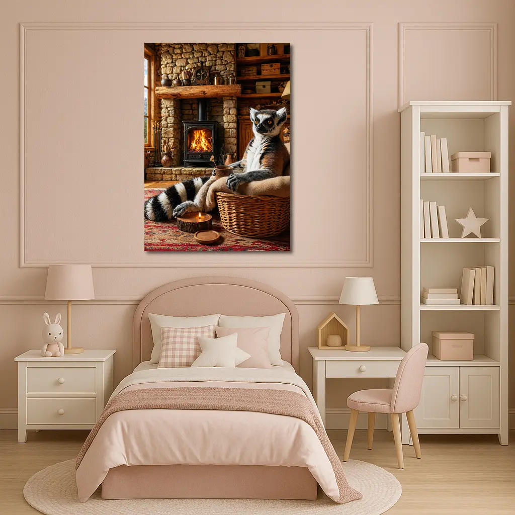 Ring Tailed Lemur Relaxing by Cozy Fireplace – Wall Art