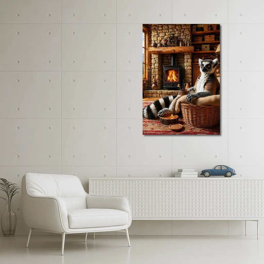Ring Tailed Lemur Relaxing by Cozy Fireplace – Wall Art