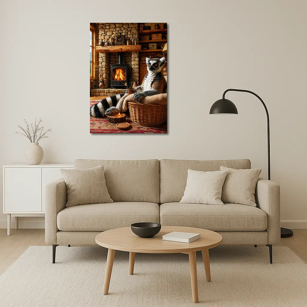Ring Tailed Lemur Relaxing by Cozy Fireplace – Wall Art