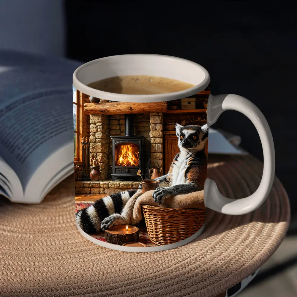 Ring Tailed Lemur Relaxing by Cozy Fireplace – Mugs