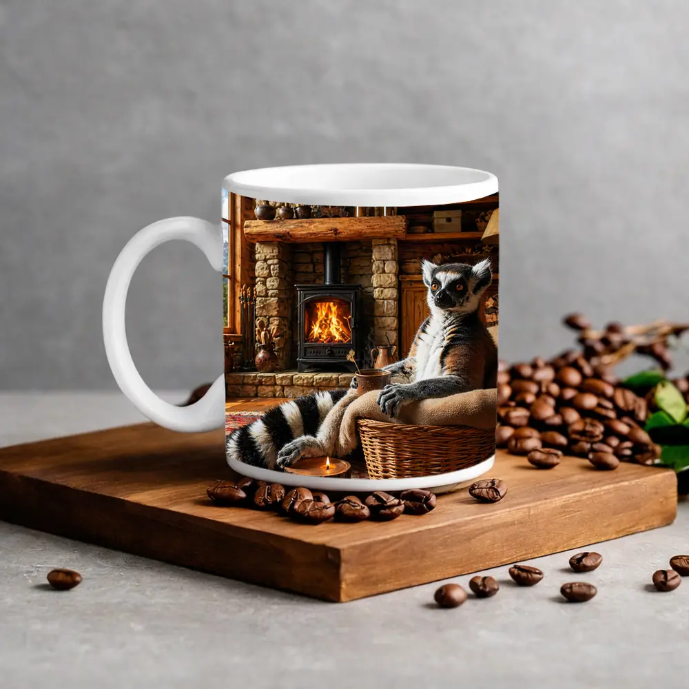 Ring Tailed Lemur Relaxing by Cozy Fireplace – Mugs