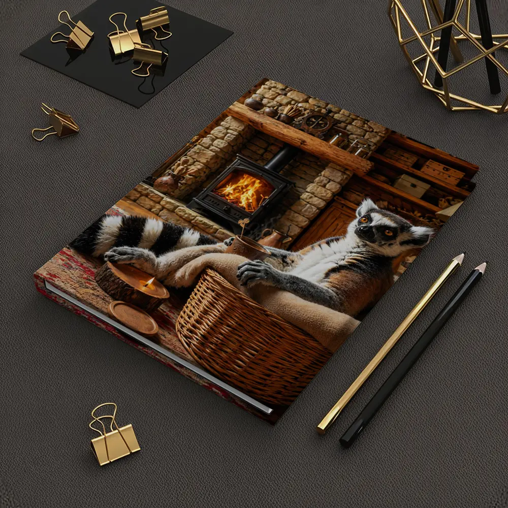 Ring Tailed Lemur Relaxing by Cozy Fireplace – Notebooks