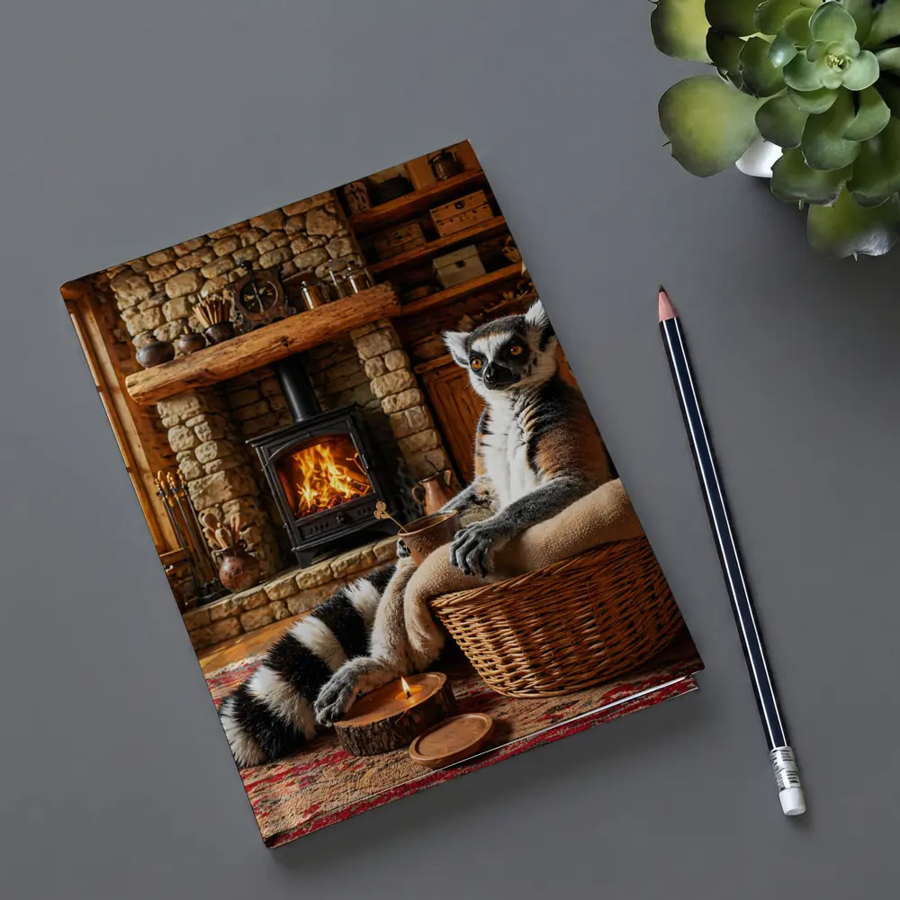 Ring Tailed Lemur Relaxing by Cozy Fireplace – Notebooks