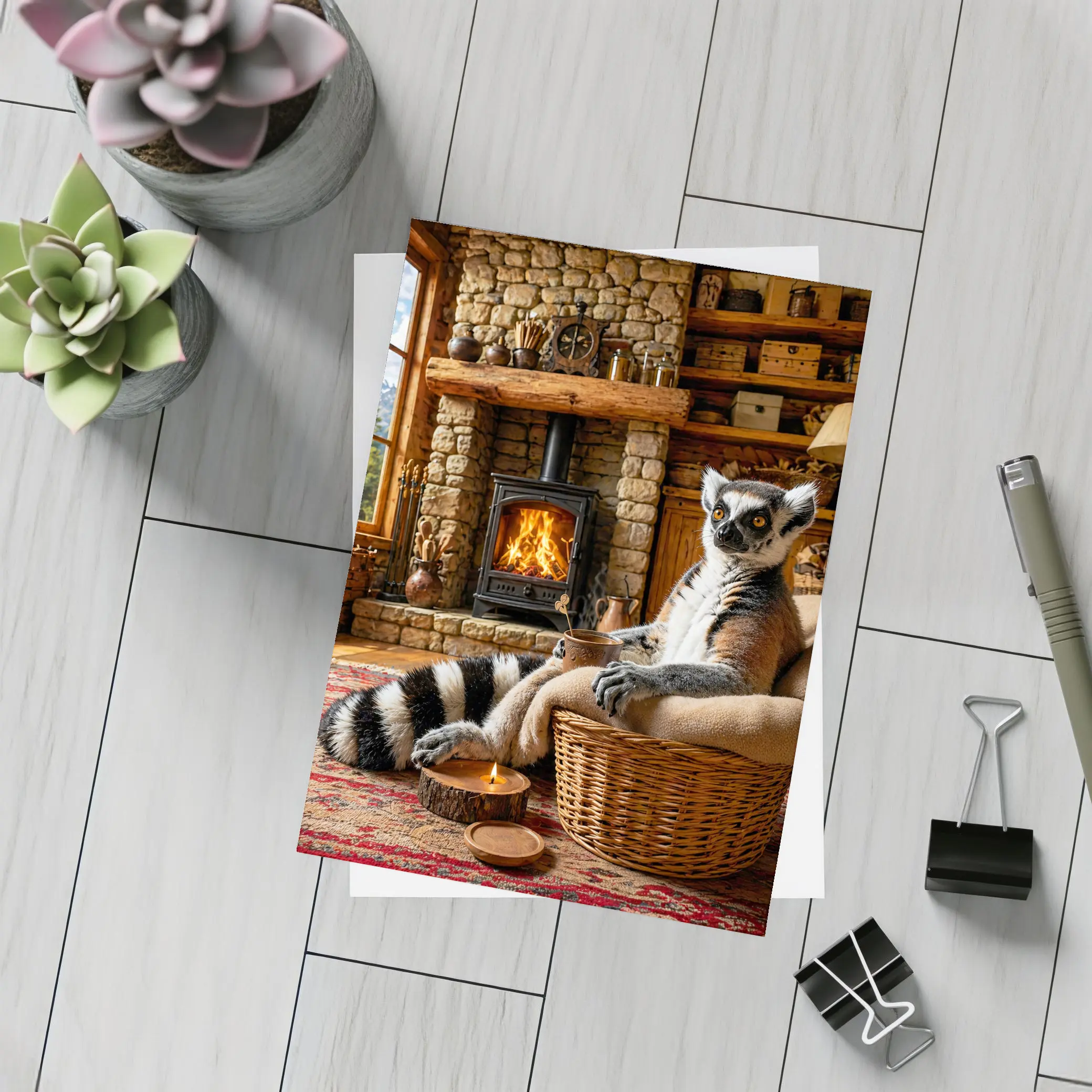 Ring Tailed Lemur Relaxing by Cozy Fireplace – Postcards