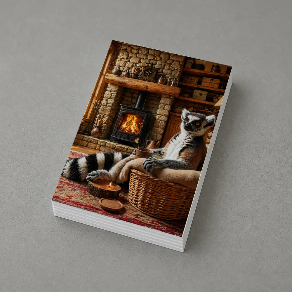Ring Tailed Lemur Relaxing by Cozy Fireplace – Postcards