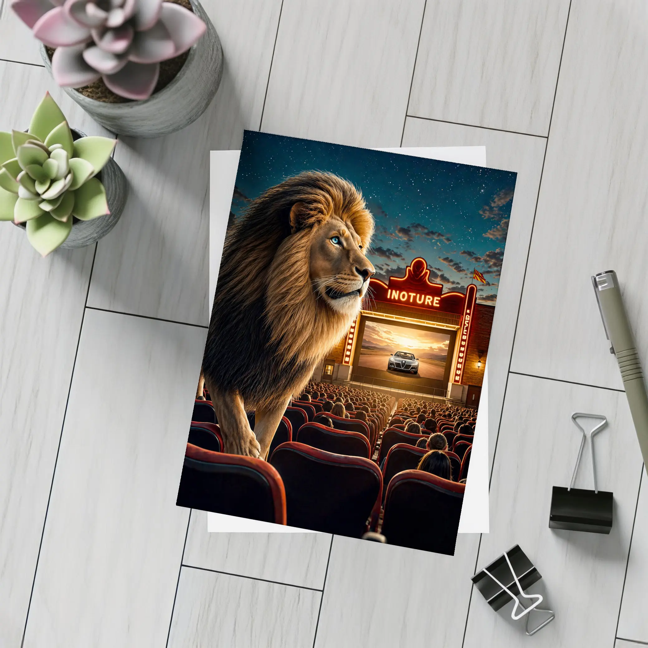 Lion at Cinema Movie Theater Night Scene – Postcards