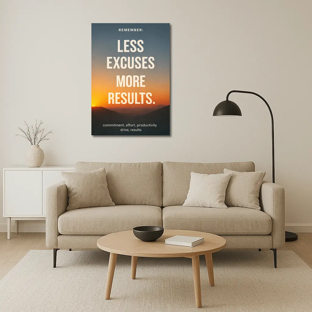 Less Excuses More Results Sunset Mountains Quote – Wall Art