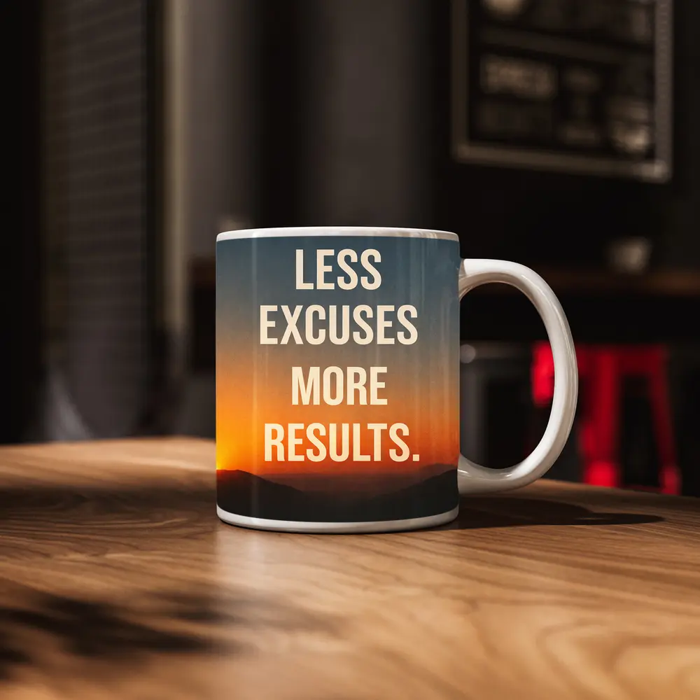 Less Excuses More Results Sunset Mountains Quote – Mugs