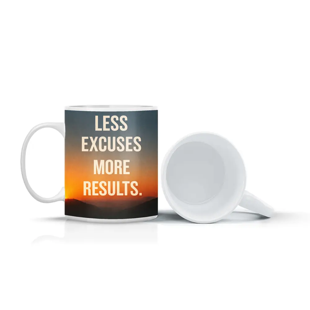 Less Excuses More Results Sunset Mountains Quote – Mugs