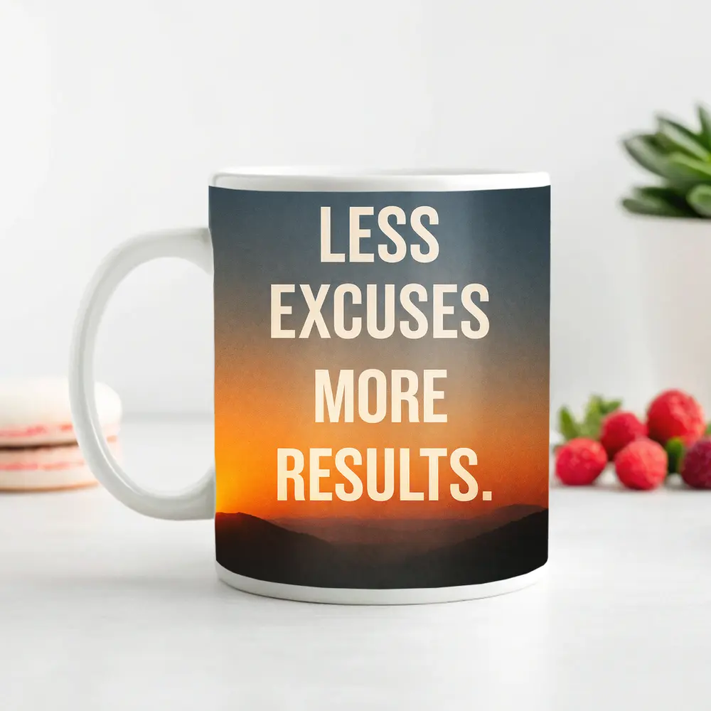 Less Excuses More Results Sunset Mountains Quote – Mugs