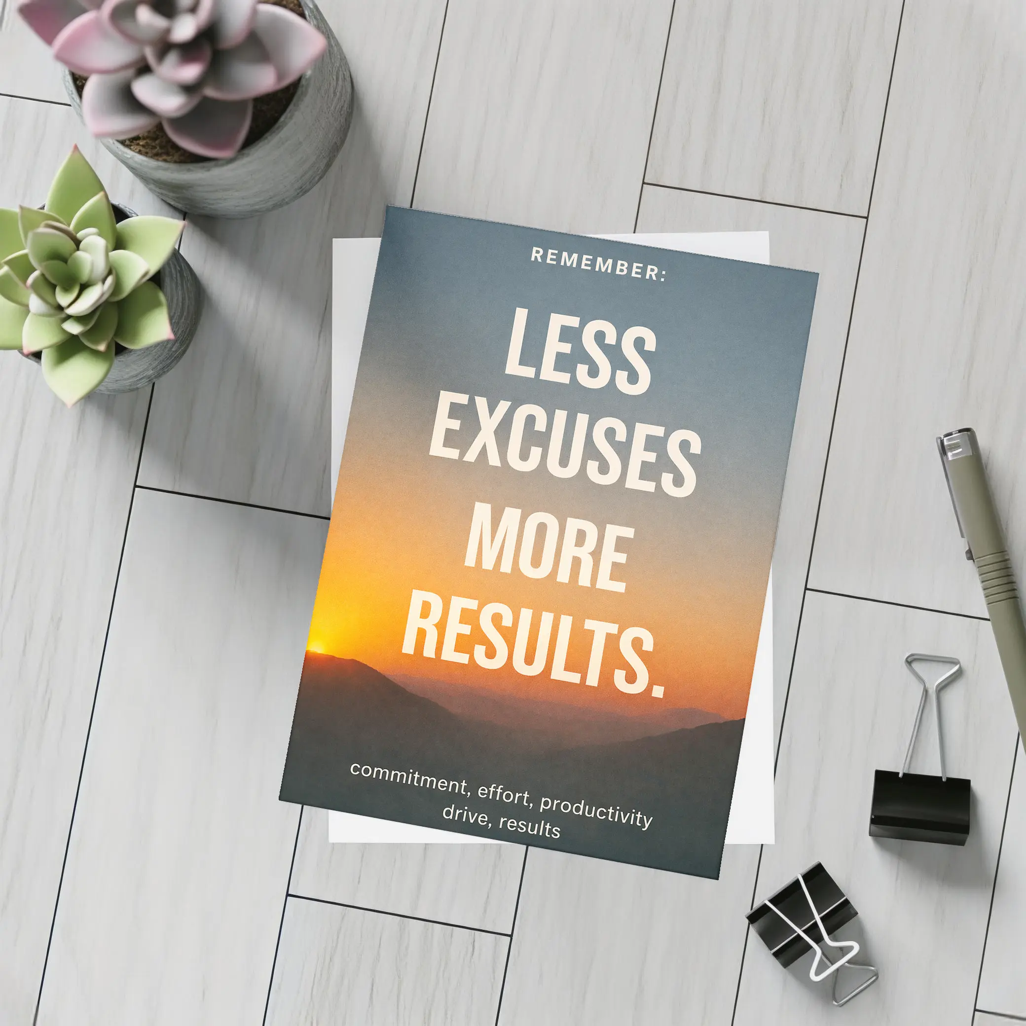 Less Excuses More Results Sunset Mountains Quote – Postcards