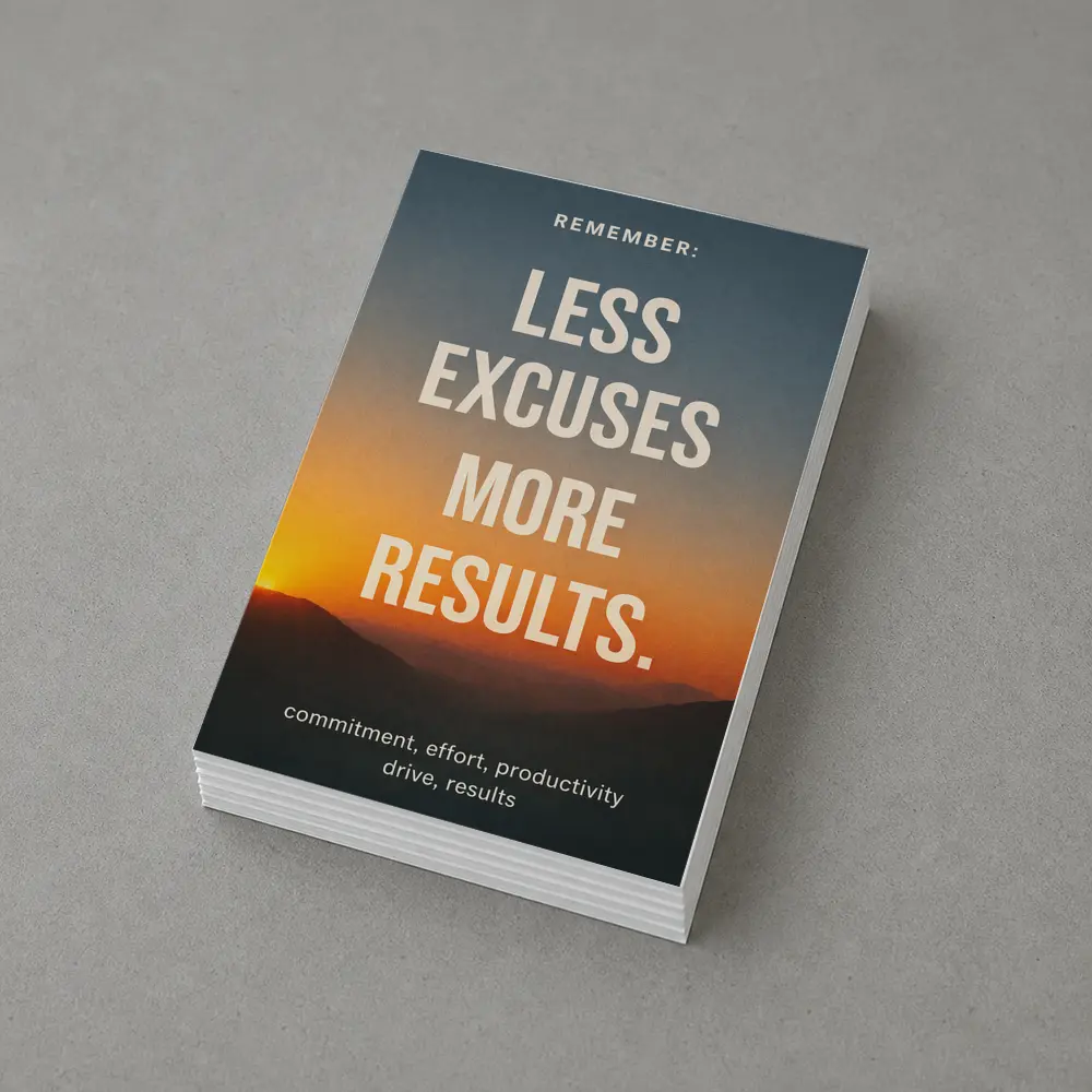 Less Excuses More Results Sunset Mountains Quote – Postcards