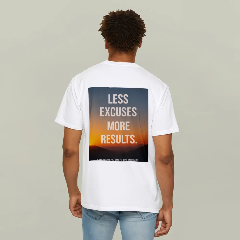 Less Excuses More Results Sunset Mountains Quote – T-Shirts