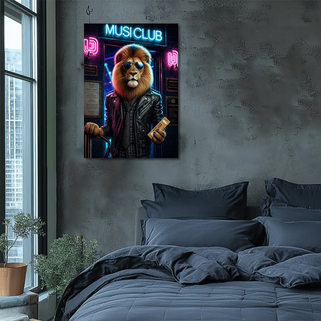 Cool Lion Bouncer Neon Music Club – Wall Art
