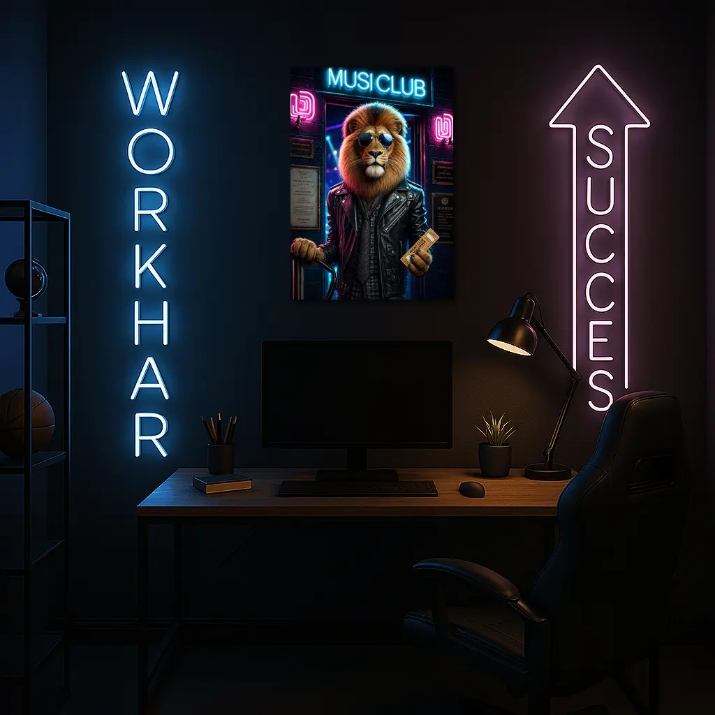 Cool Lion Bouncer Neon Music Club – Wall Art