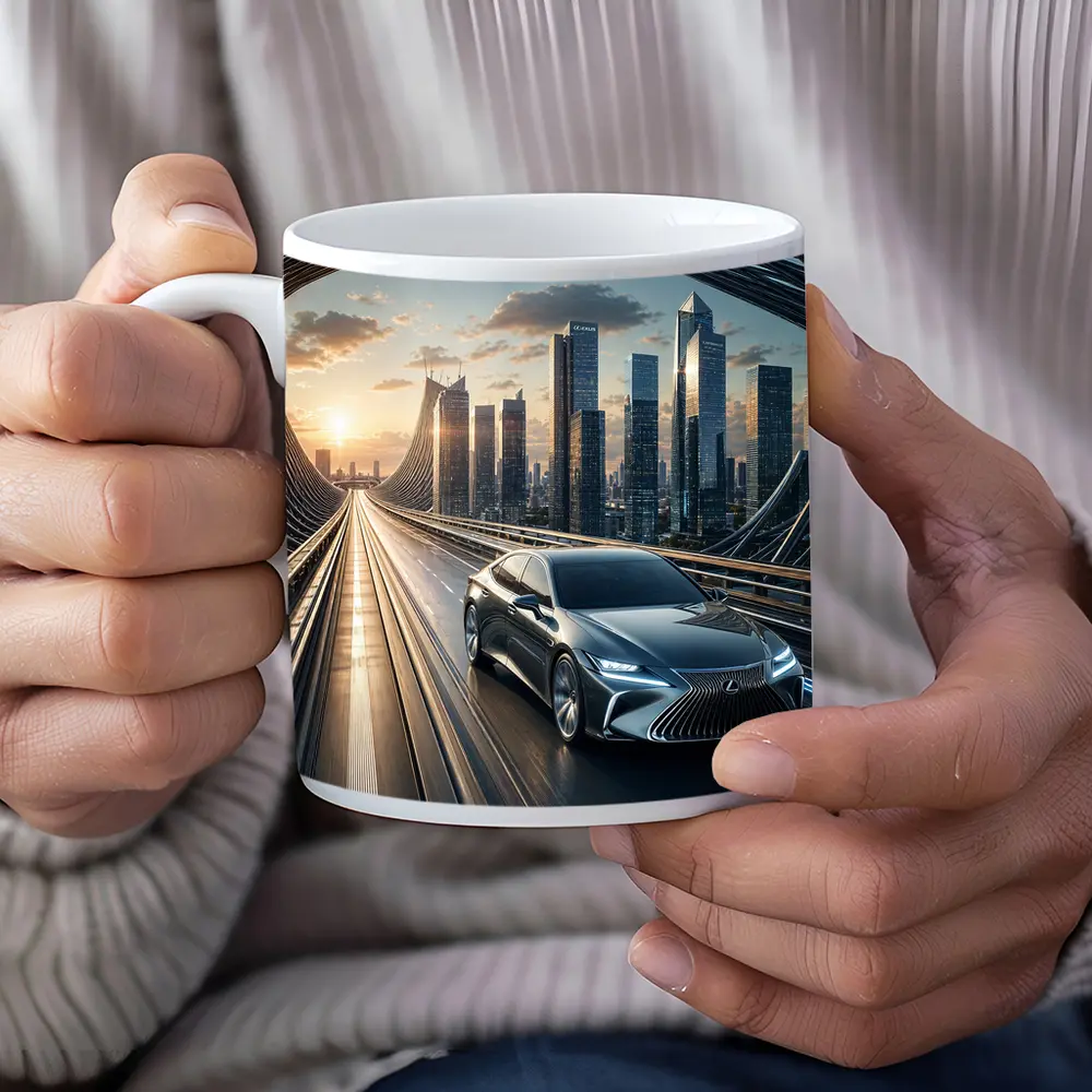 Lexus ES Sedan Driving Futuristic City Bridge – Mugs