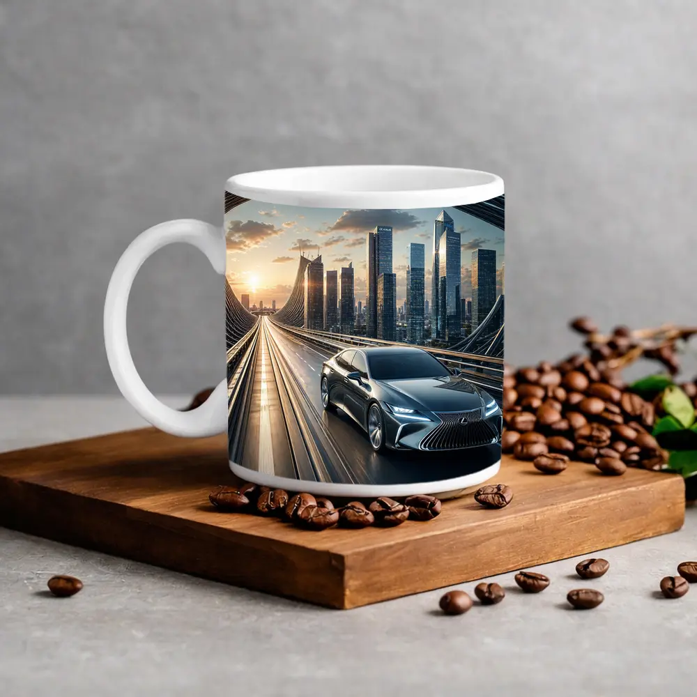 Lexus ES Sedan Driving Futuristic City Bridge – Mugs