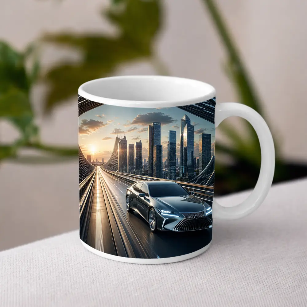 Lexus ES Sedan Driving Futuristic City Bridge – Mugs