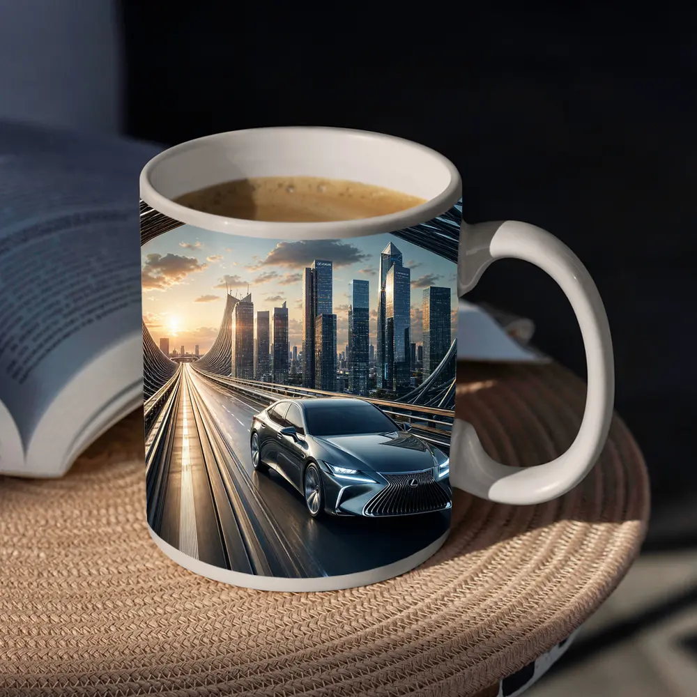 Lexus ES Sedan Driving Futuristic City Bridge – Mugs