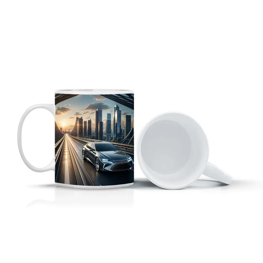 Lexus ES Sedan Driving Futuristic City Bridge – Mugs