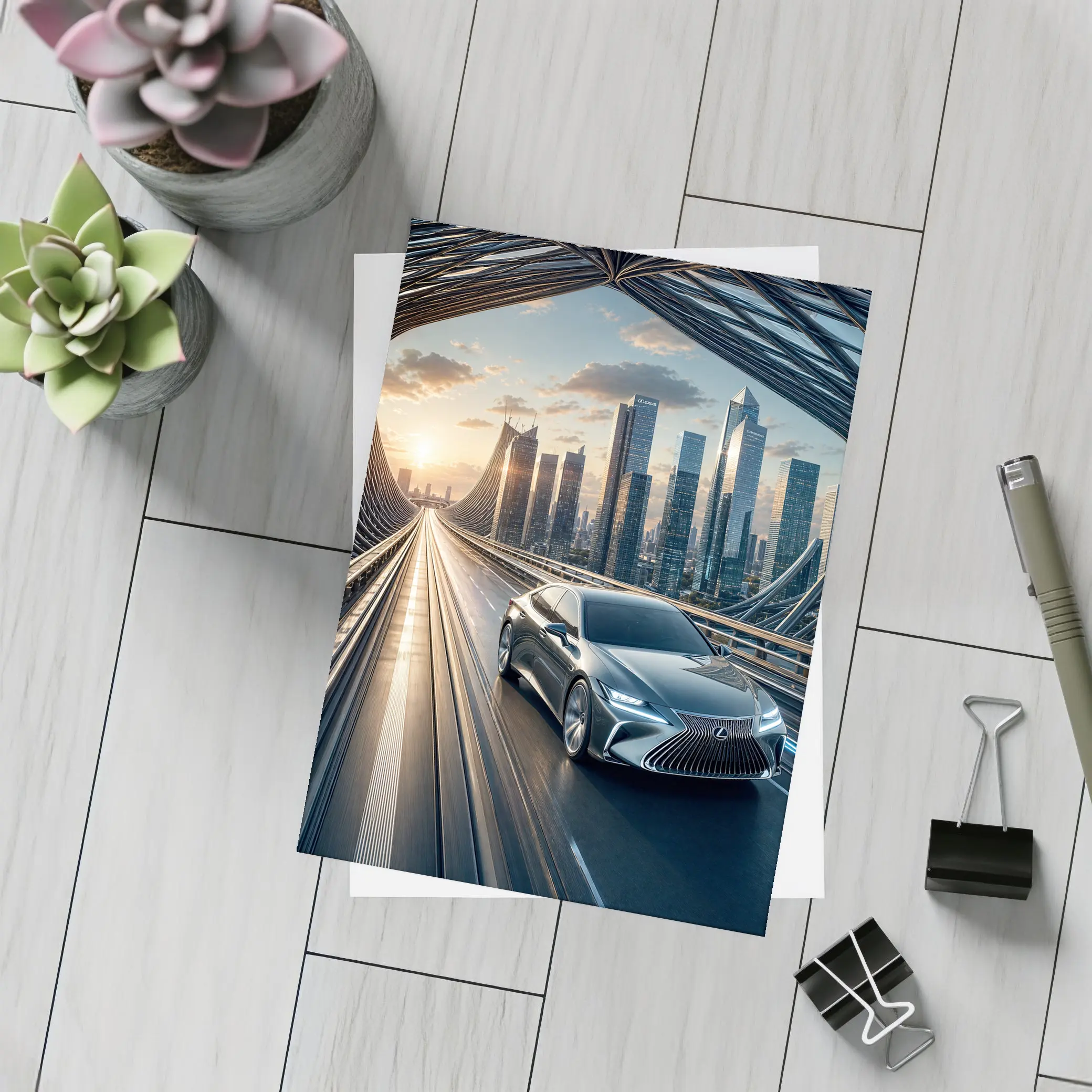 Lexus ES Sedan Driving Futuristic City Bridge – Postcards