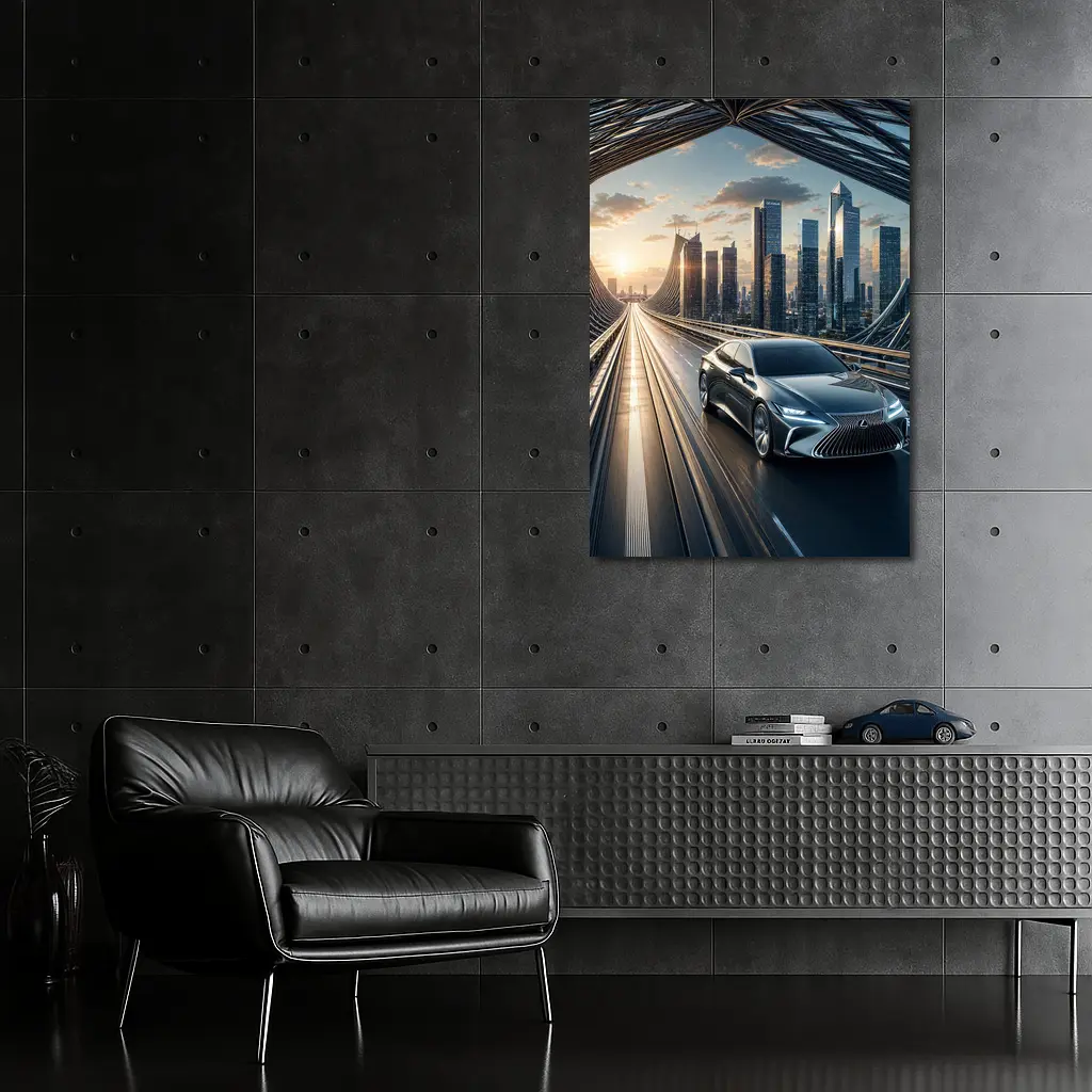 Lexus ES Sedan Driving Futuristic City Bridge – Wall Art