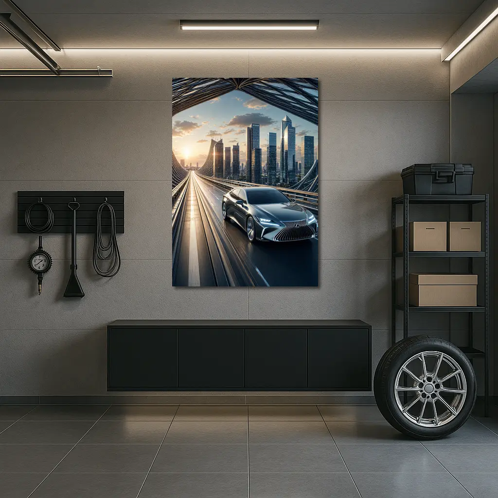 Lexus ES Sedan Driving Futuristic City Bridge – Wall Art