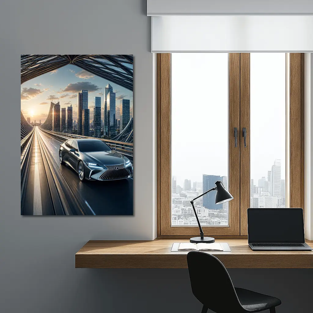 Lexus ES Sedan Driving Futuristic City Bridge – Wall Art