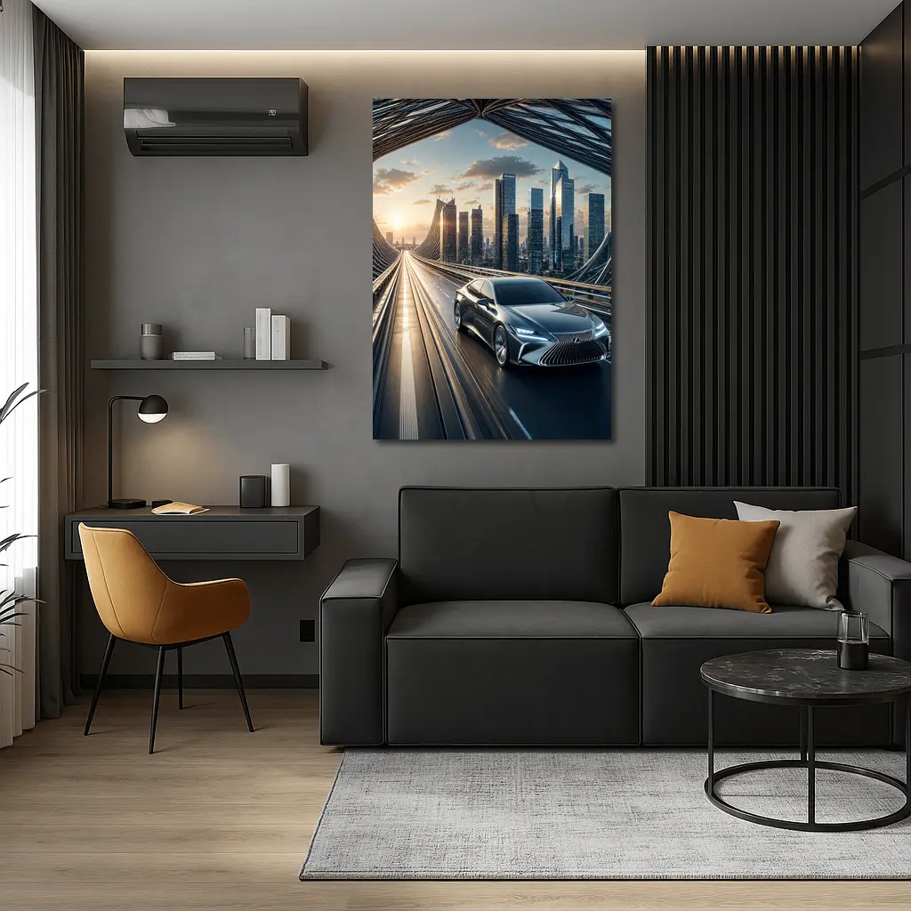 Lexus ES Sedan Driving Futuristic City Bridge – Wall Art