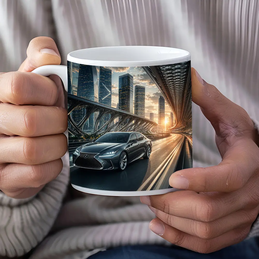 Lexus ES Speeding Across Futuristic City Bridge – Mugs