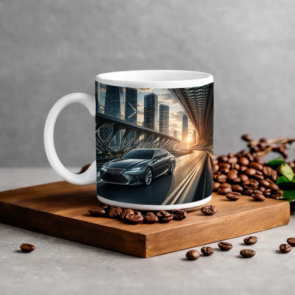 Lexus ES Speeding Across Futuristic City Bridge – Mugs