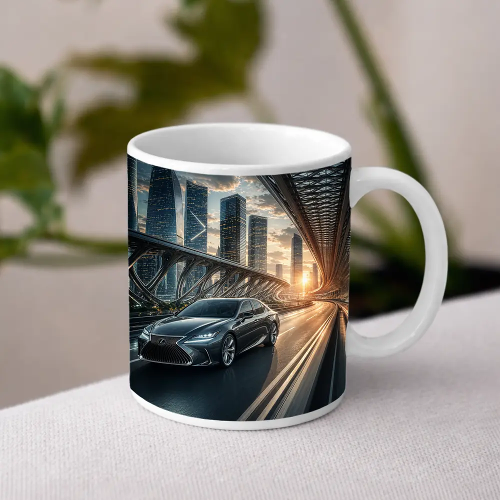 Lexus ES Speeding Across Futuristic City Bridge – Mugs