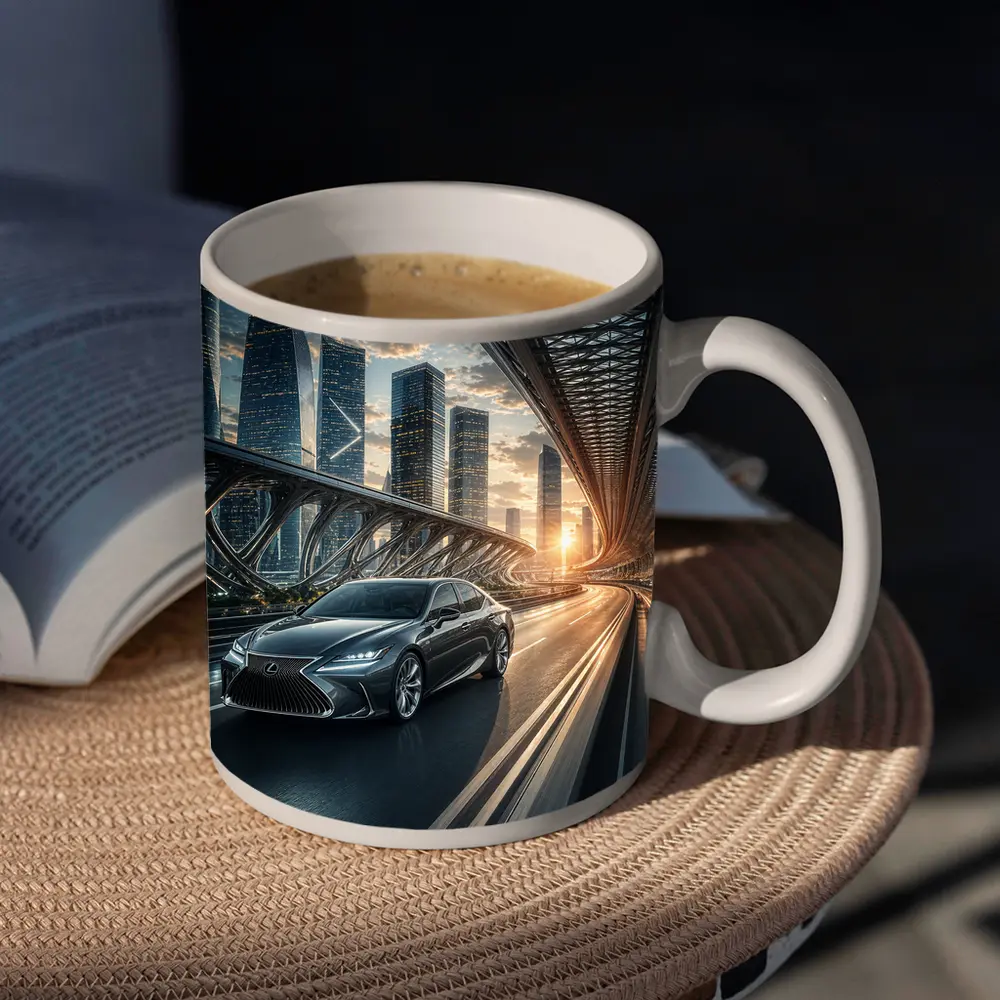 Lexus ES Speeding Across Futuristic City Bridge – Mugs