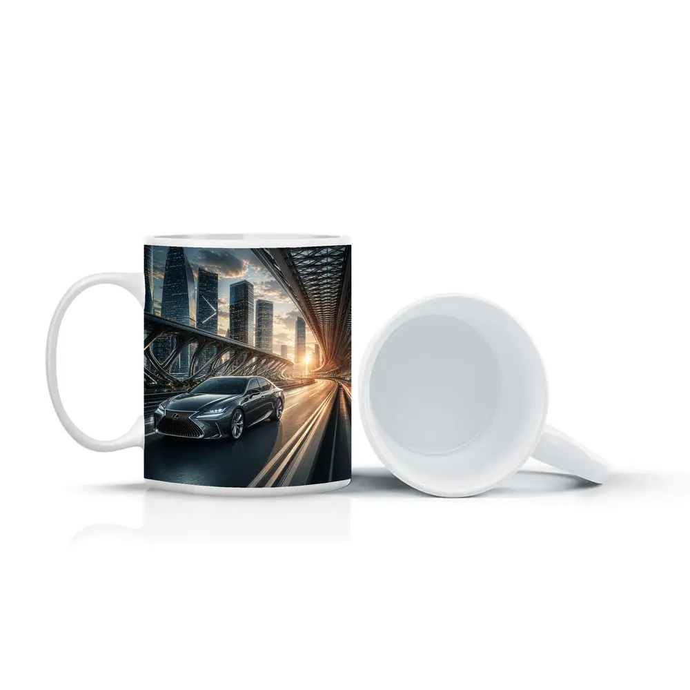 Lexus ES Speeding Across Futuristic City Bridge – Mugs