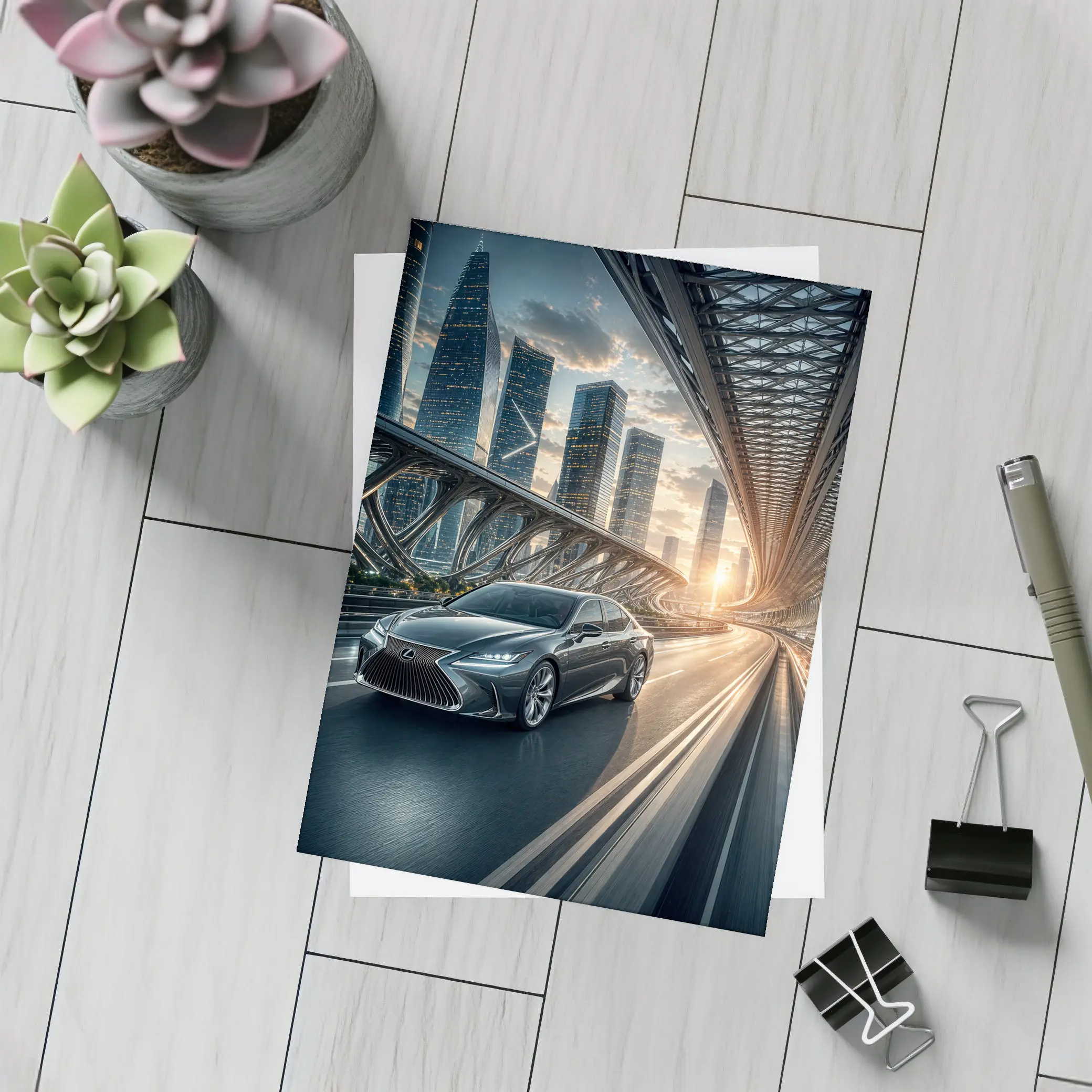 Lexus ES Speeding Across Futuristic City Bridge – Postcards