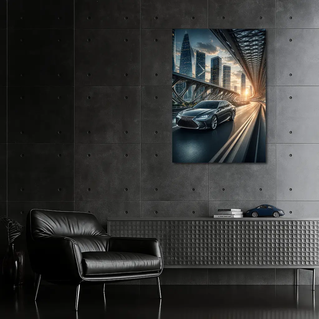 Lexus ES Speeding Across Futuristic City Bridge – Wall Art