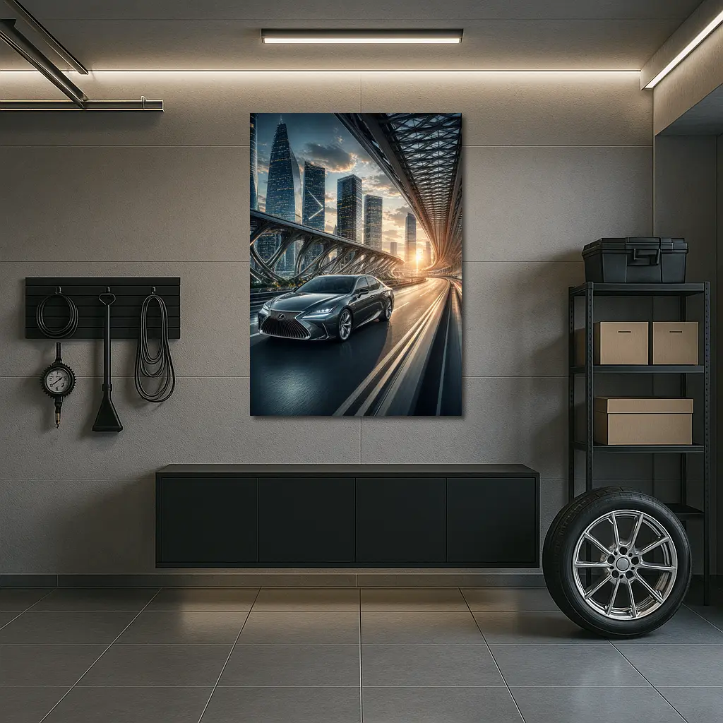 Lexus ES Speeding Across Futuristic City Bridge – Wall Art