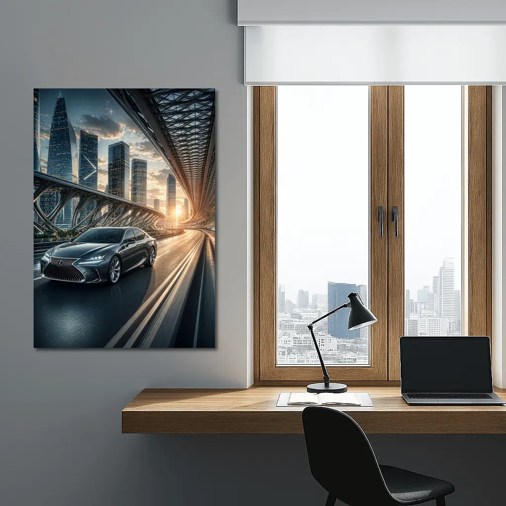 Lexus ES Speeding Across Futuristic City Bridge – Wall Art