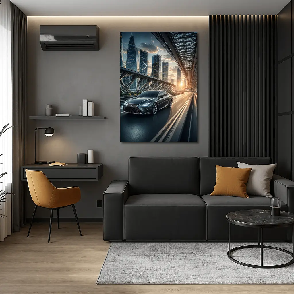 Lexus ES Speeding Across Futuristic City Bridge – Wall Art