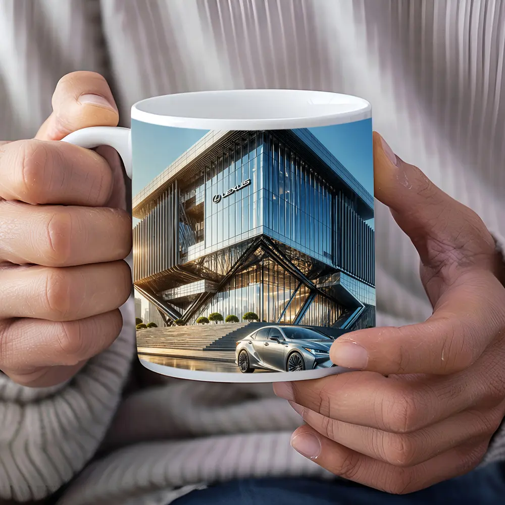 Lexus ES Silver Sedan Modern Glass Building – Mugs