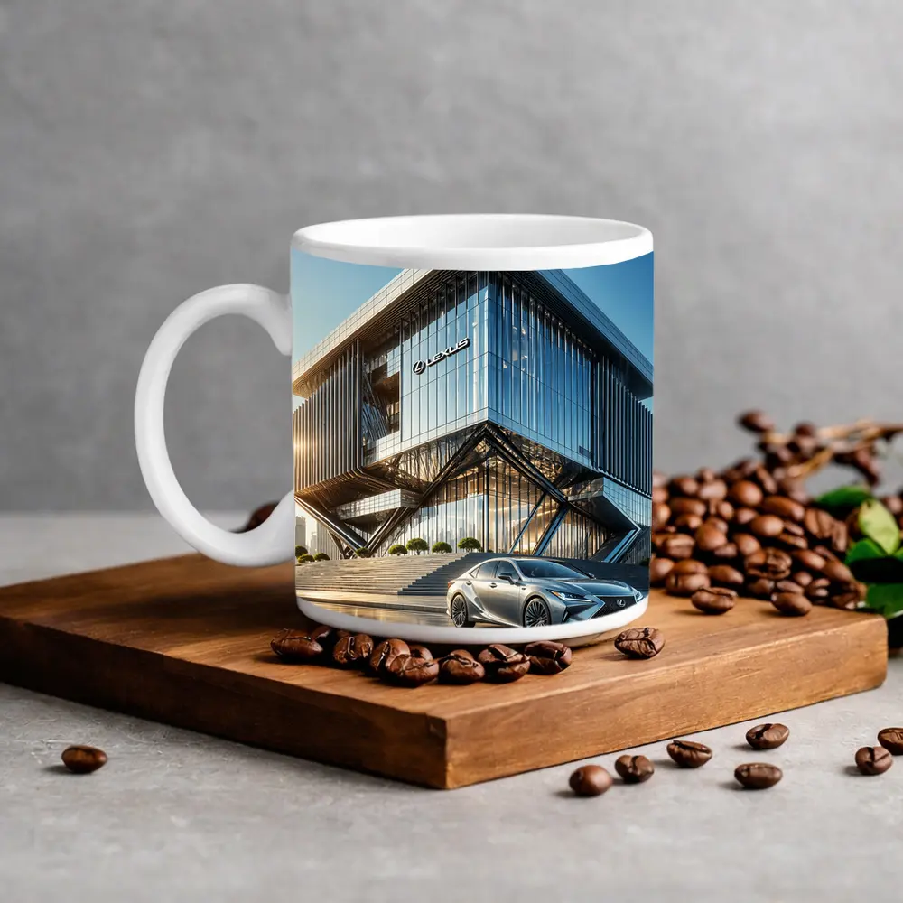 Lexus ES Silver Sedan Modern Glass Building – Mugs