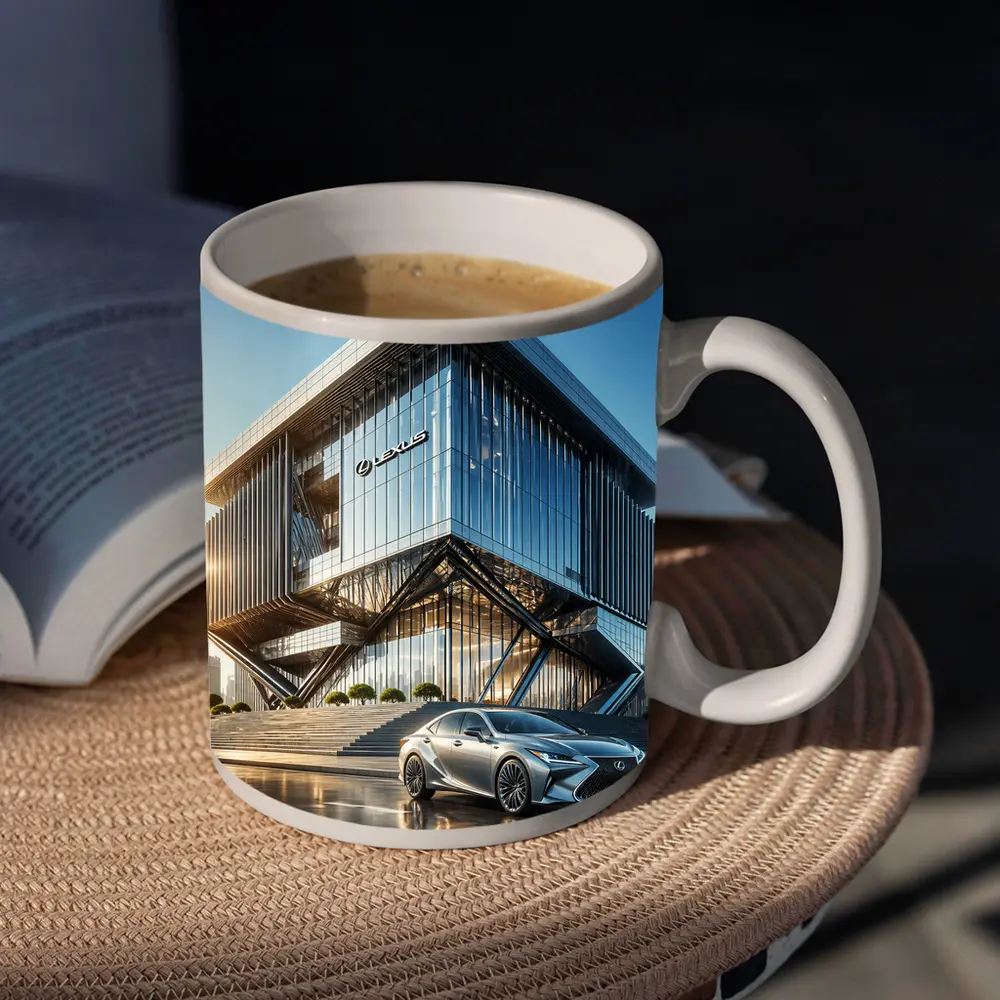Lexus ES Silver Sedan Modern Glass Building – Mugs