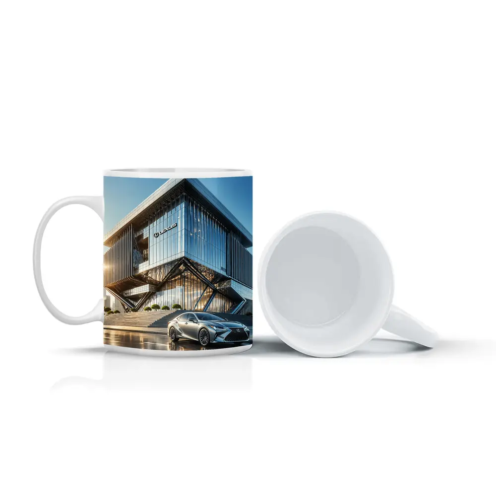 Lexus ES Silver Sedan Modern Glass Building – Mugs