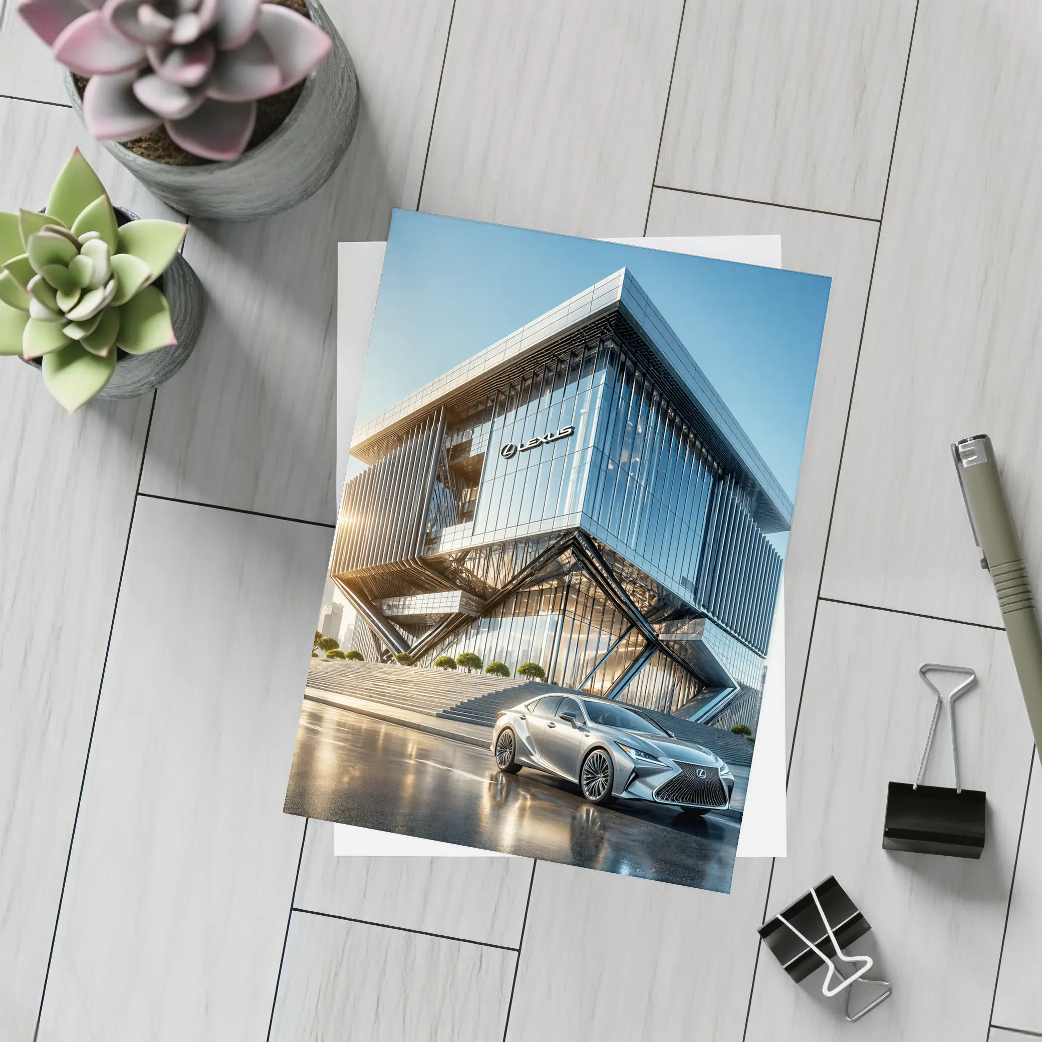 Lexus ES Silver Sedan Modern Glass Building – Postcards