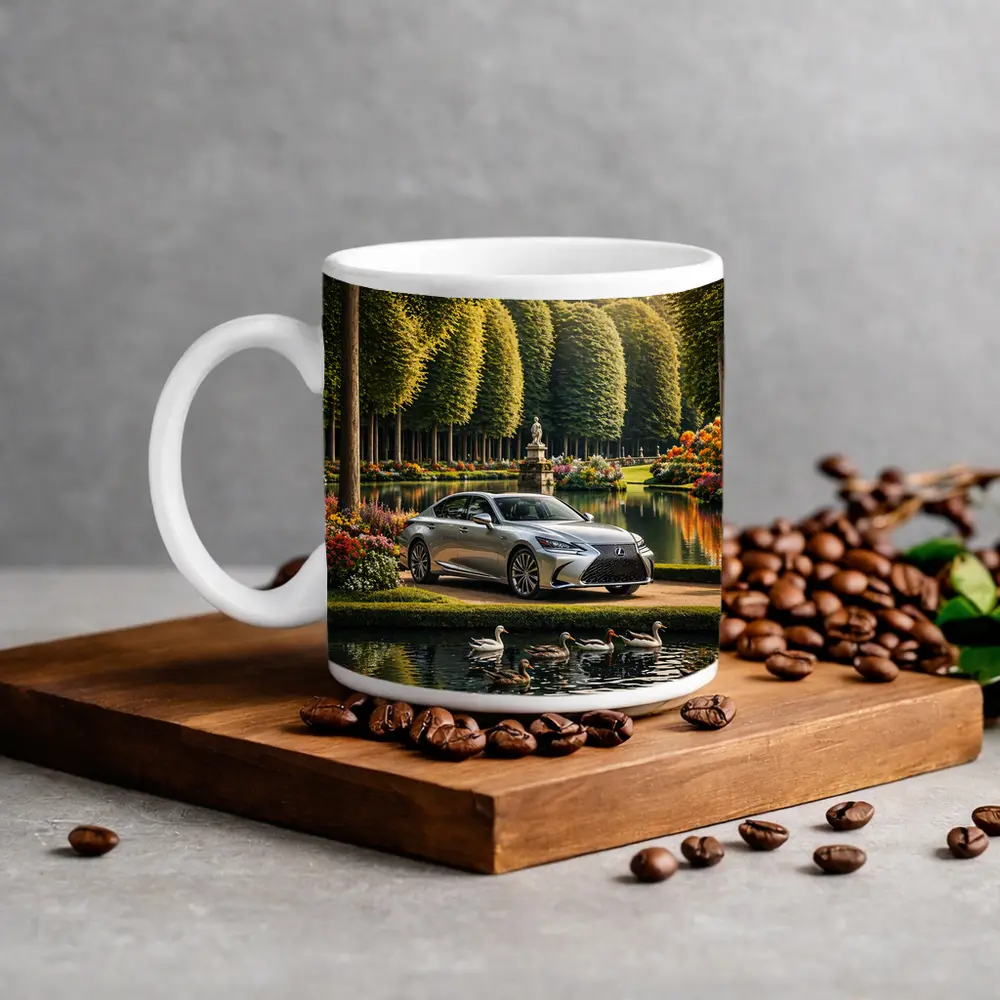 Lexus LS Silver Sedan Garden Lake Scene – Mugs