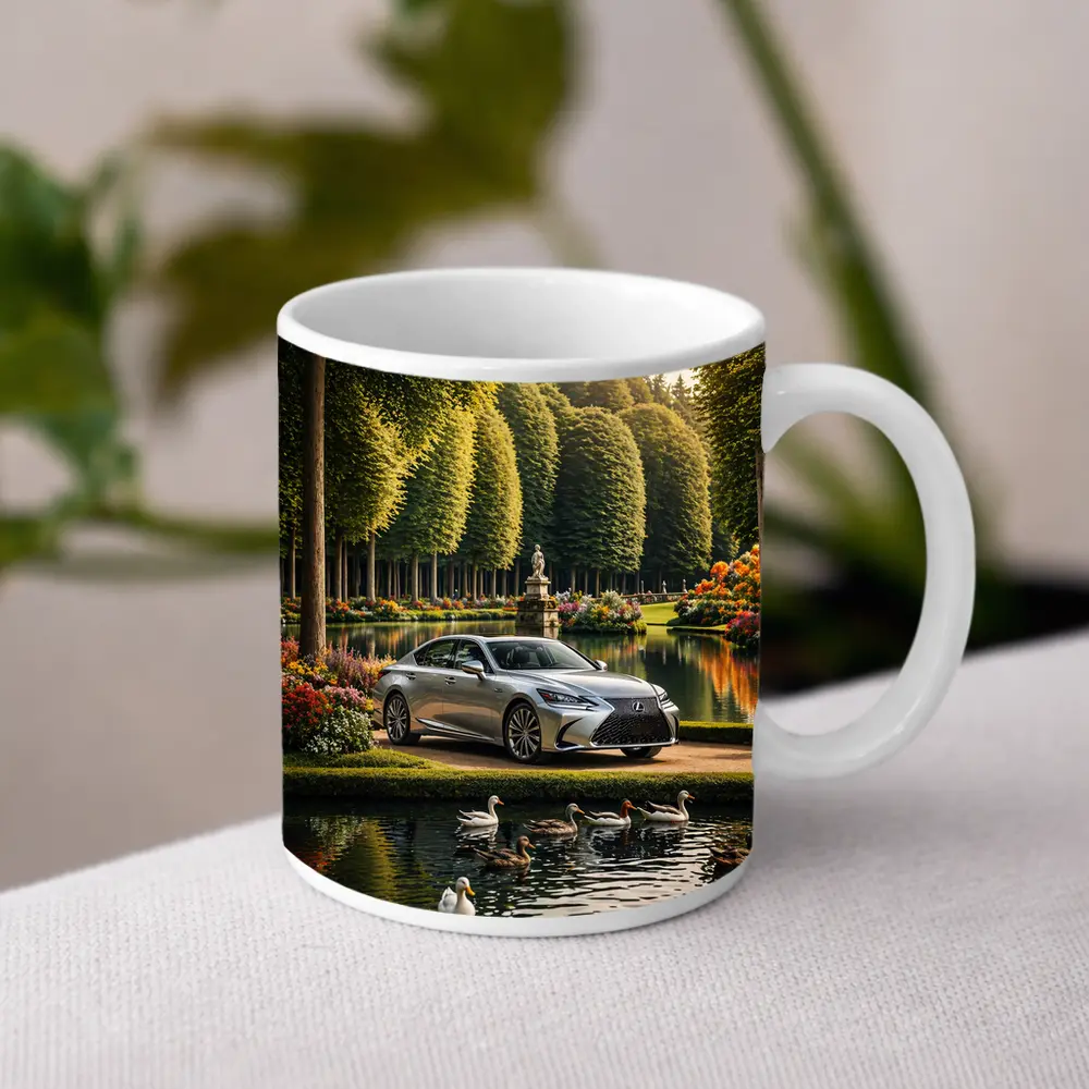 Lexus LS Silver Sedan Garden Lake Scene – Mugs